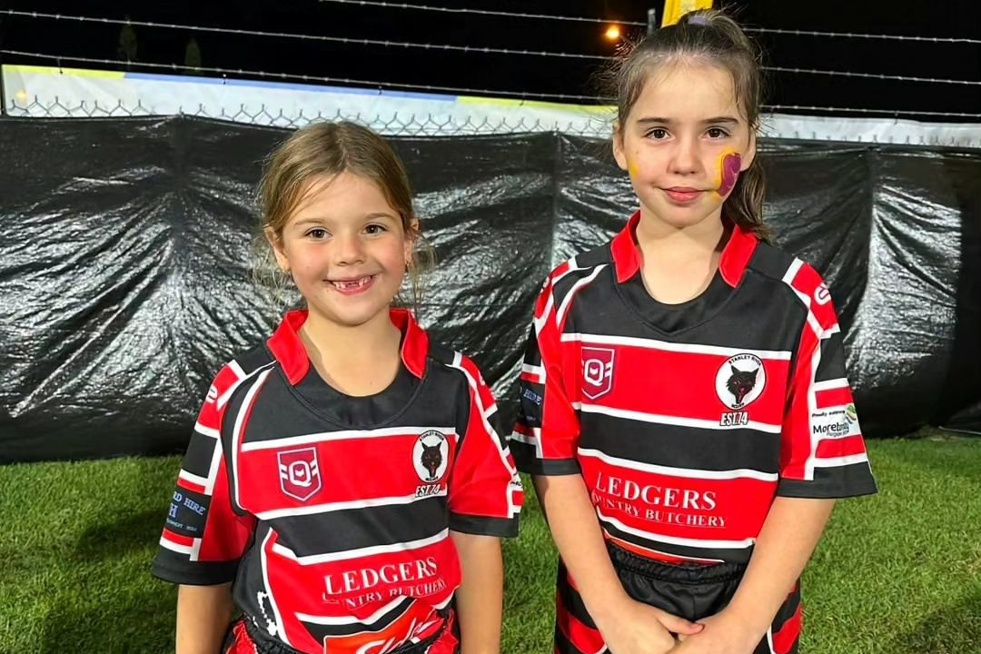 Stanley River Wolves rugby league juniors Macie and Grace at Sunshine Coast Stadium, where they played during the half-time break in a NRLW match.