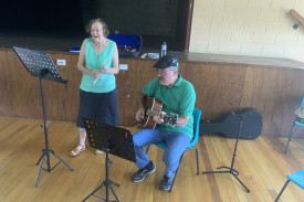 Gail and Phil Close played several songs at the “Morning Communi-tea” event at the Kilcoy Memorial Hall and Cultural Centre.