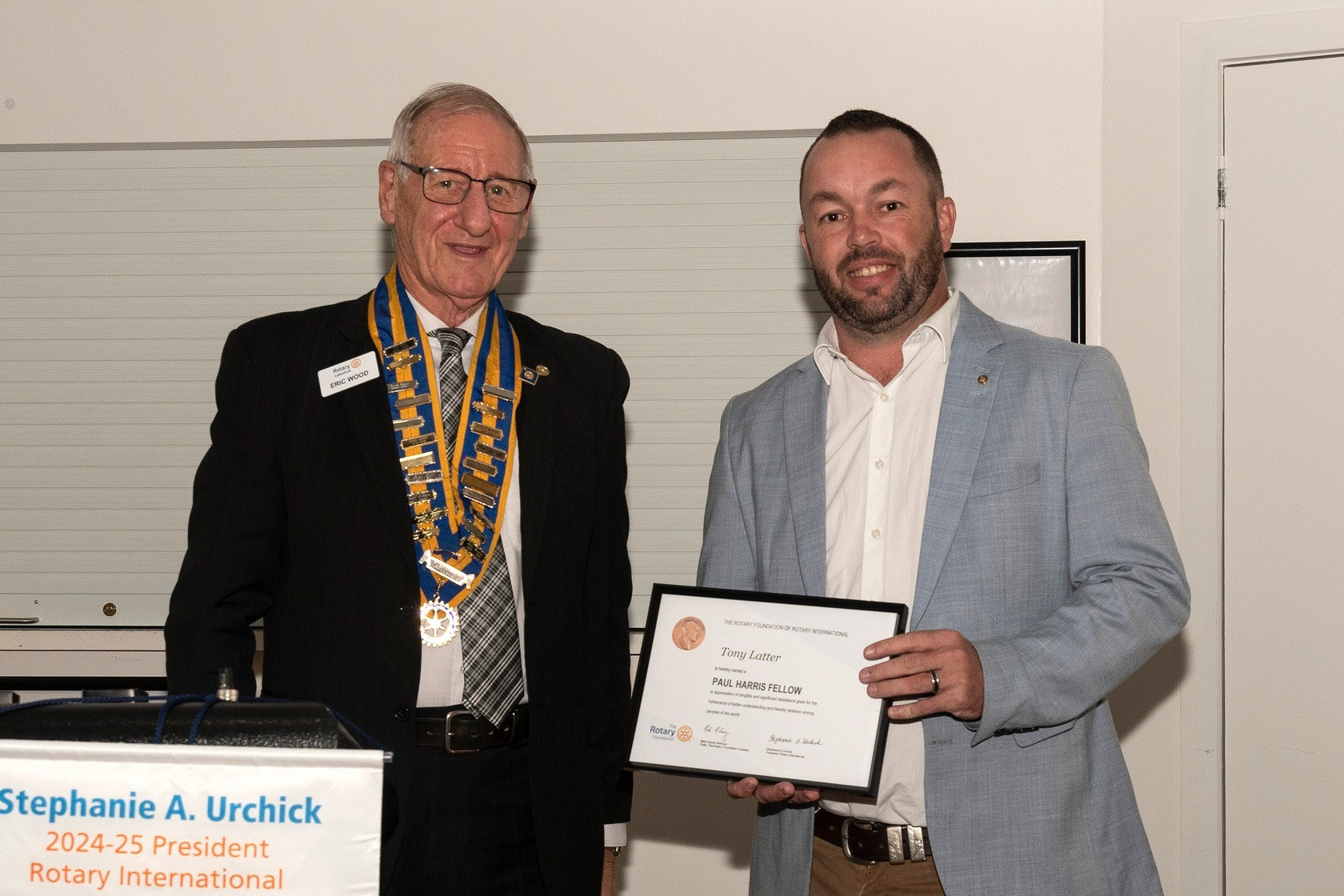 Eric Wood with Paul Harris Fellow winner Cr Tony Latter.