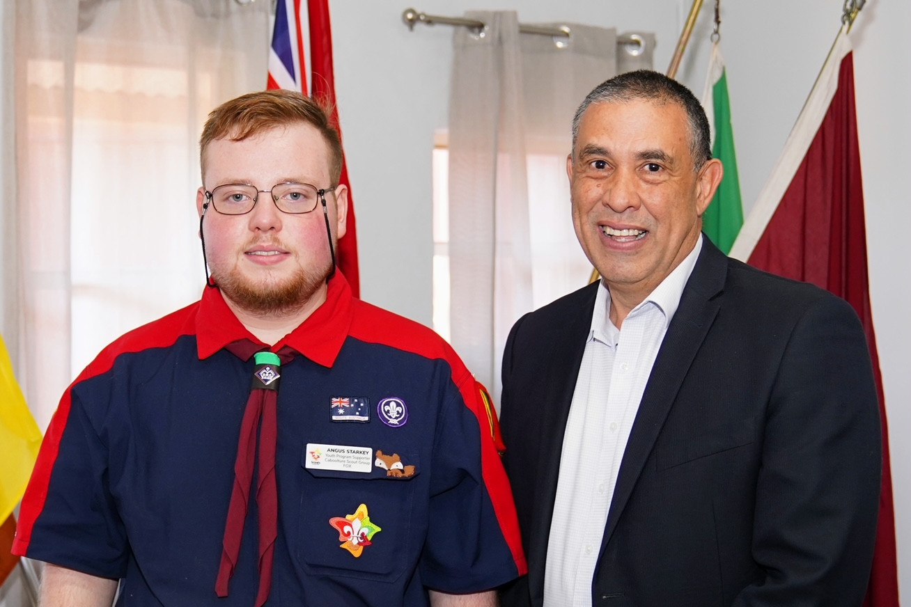Caboolture-based Queen Scout Award recipient Angus Starkey with Federal Member for Longman, Terry Young.