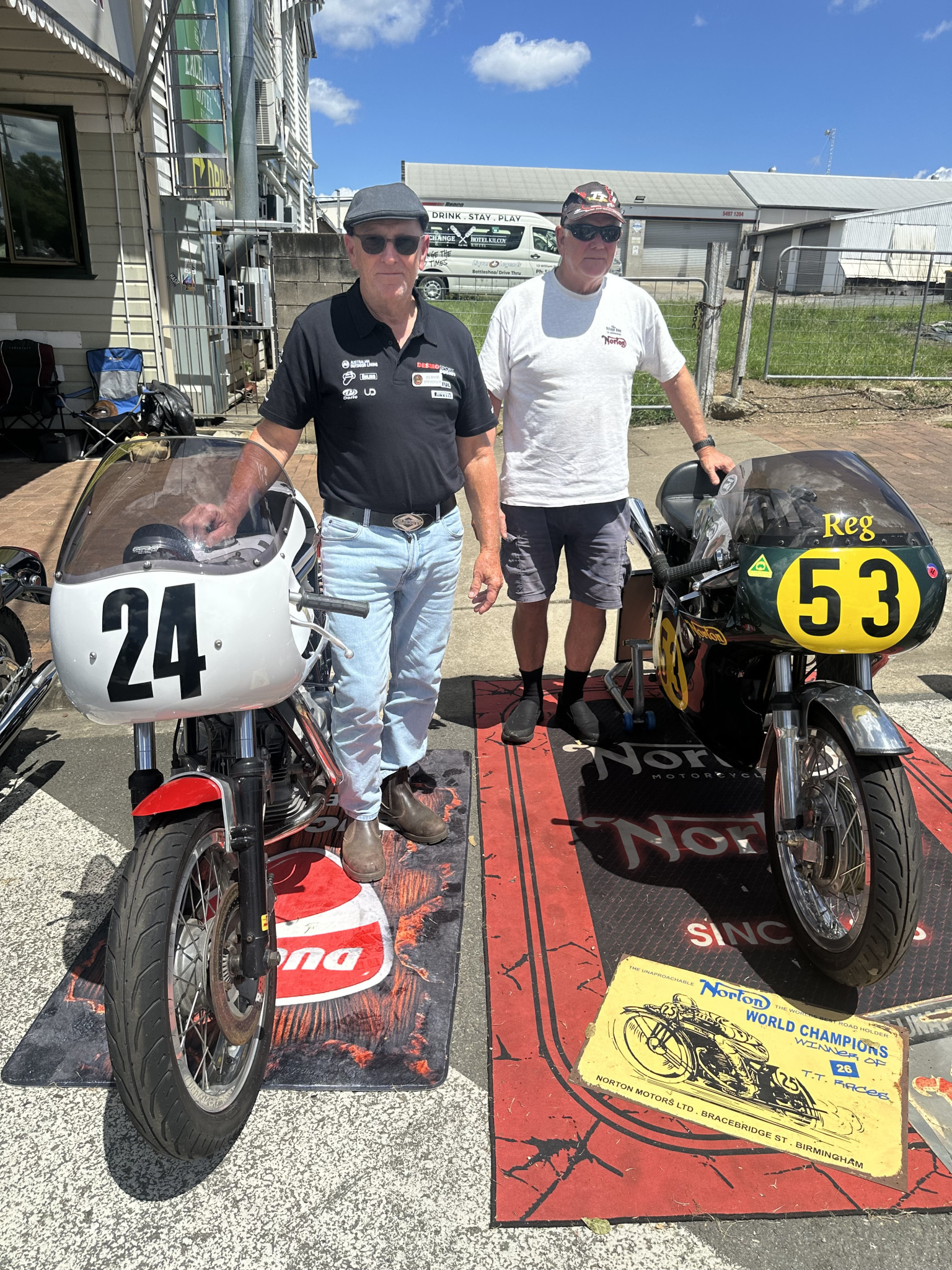 Bernie Stevenson and Keith Wood with their vintage racing bikes.