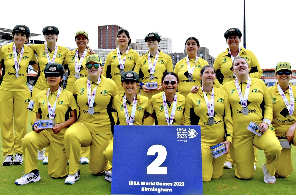 Nicole Rowling (back row far right) and her Australian teammates achieved silver medals in the women’s blind cricket division in the World Blind Games, staged in England last month.
