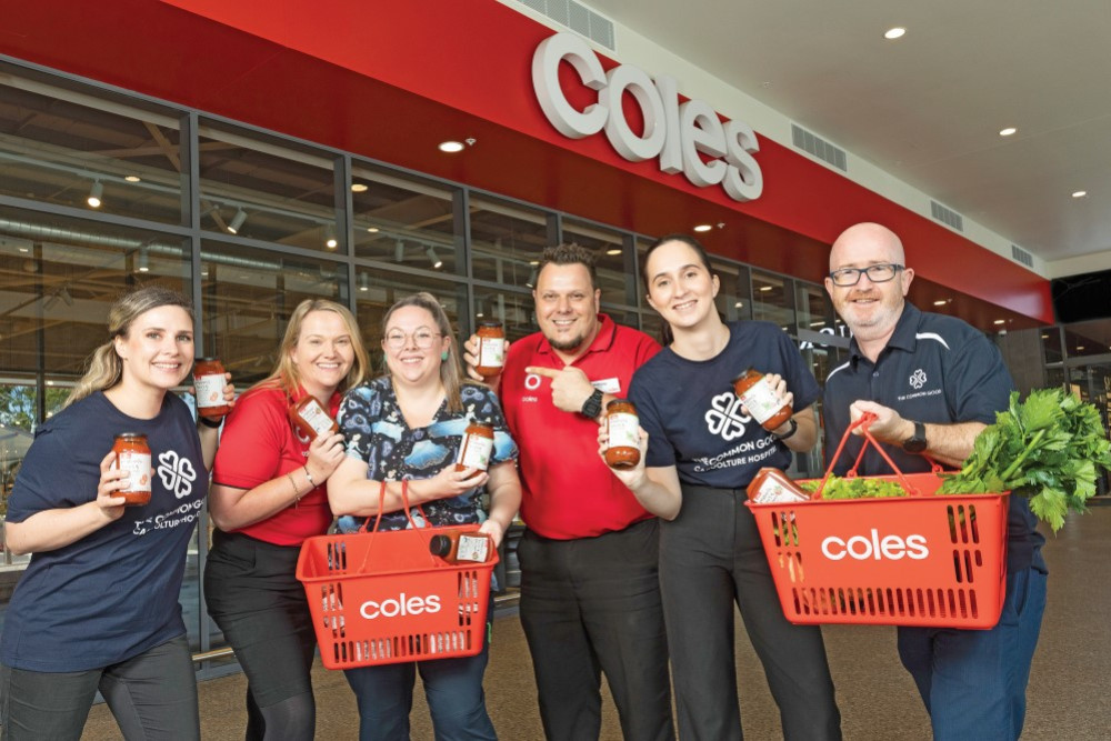 Shoppers across Caboolture have rallied together as part of Coles’ annual Curing Homesickness fundraising appeal, with Coles Caboolture Big Fish among the top five fundraising stores in the state, having raised more than $4,000 for the life-changing initiative. Pictured: Isabella Zaini, Bec Hull, Emma Thomson, Anthony Hauser, Hannah Friend and Mick Dwane with Mum’s Sause