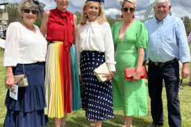 L-R: Fashions on the field judge Kay, best-dressed lady Emma Clarke, second place Jalaine Turnball, third place Jodie Cowley and judge Peter.