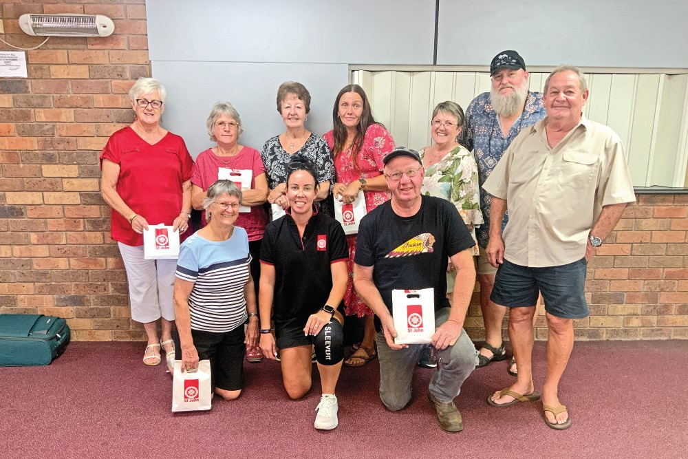 Raewyn McGowan, Jennifer Wilkins, Sue Park, Lorraine McSweeney, Jo Cooper, Max Cooper, Peter Golding (back); Merle Davis, Kimberley Lennon and Geoff Duncan (front) at the Woodford Memorial Hall for a session on first aid.