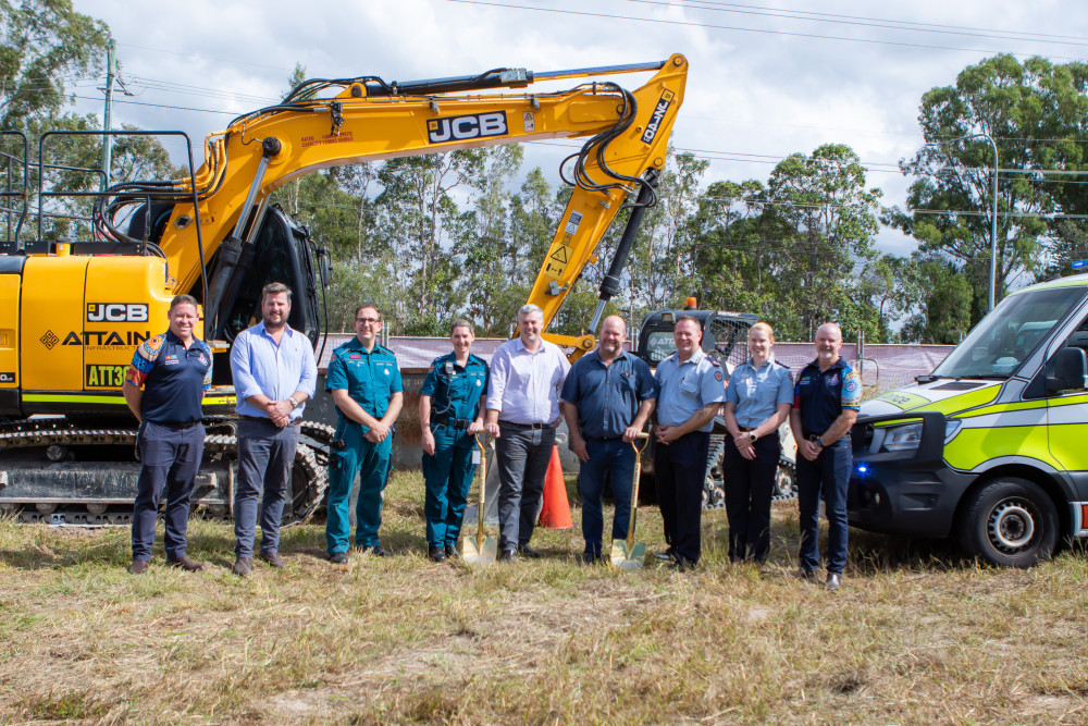 Member for Morayfield, Mark Ryan (centre), at the sod turning for the new ambulance station in Morayfield.