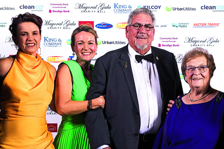 Cr Cheryl Gaedtke, Cr Kylee Isidro, Somerset Regional Council Mayor Graeme Lehmann and his wife Judy Lehmann at the Somerset Mayoral Ball. Cr Lehmann celebrated 30 years of service at the event. Photo credit: Jim Filmer of Filmertography.