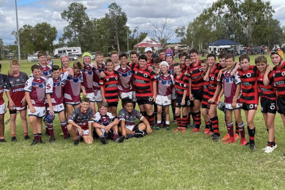 The Stanley River Wolves U14 boys mingle with some of their opponents during their recent time in Charleville, where the Adrian Vowles Cup junior rugby league carnival took place.