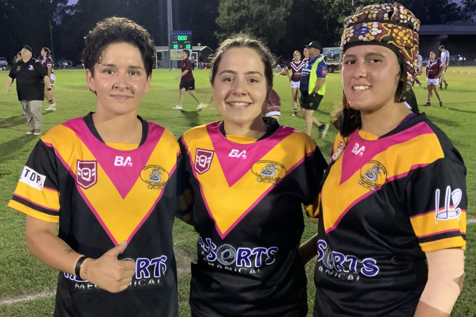 Latisha Hoek, Matyniah Fullagar and Lenniece Wright savour Caboolture’s victory over Kawana in the women’s major semi-final, enabling the Snakes team to reach the grand final.