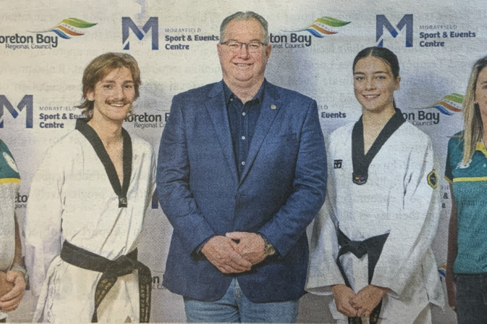 Tournament Director Carlos Lakerdis, Maxwell Wraight, Moreton Bay Mayor Peter Flannery, Ellowyn Geyl and Australian Taekwondo CEO Heather Garriock at the announcement between Moreton Bay Regional Council and Taekwondo Australia for three international tournaments to be held in Morayfield during July.