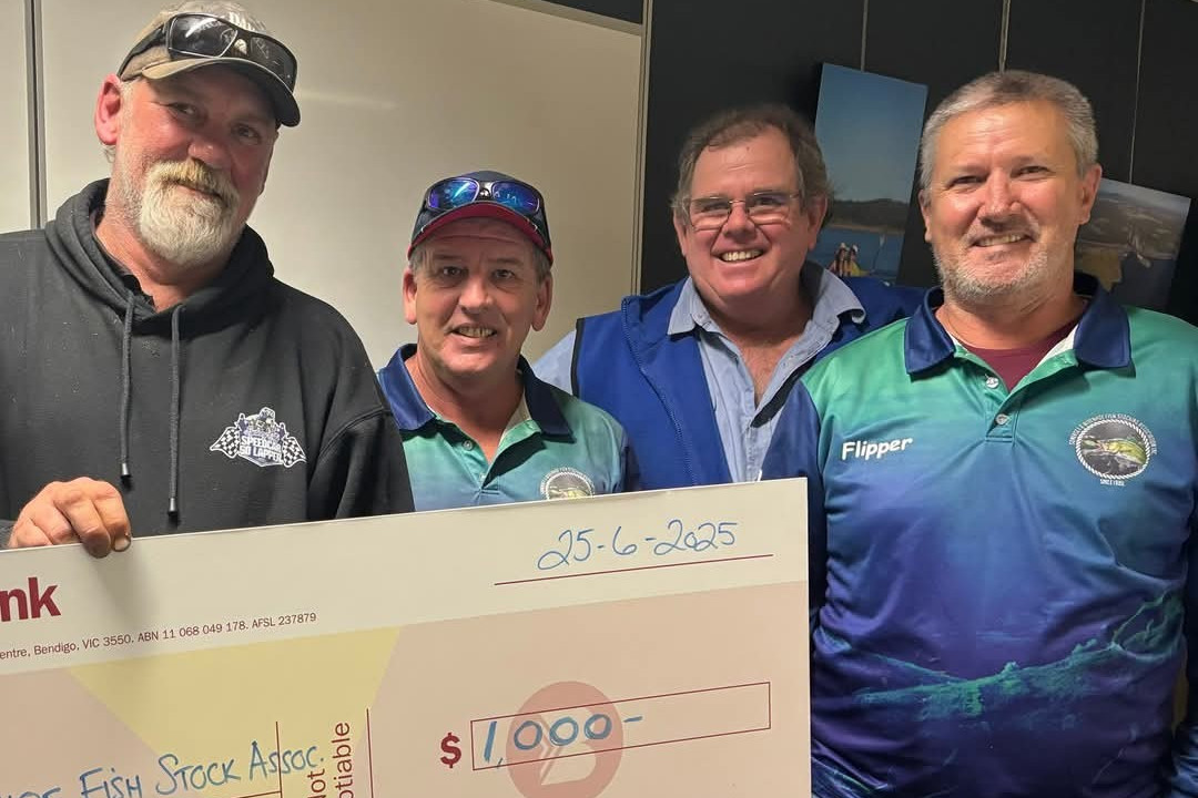 Treasurer Shane Iverson presenting a cheque to the Somerset Wivenhoe Fish Stocking Association for $1000.