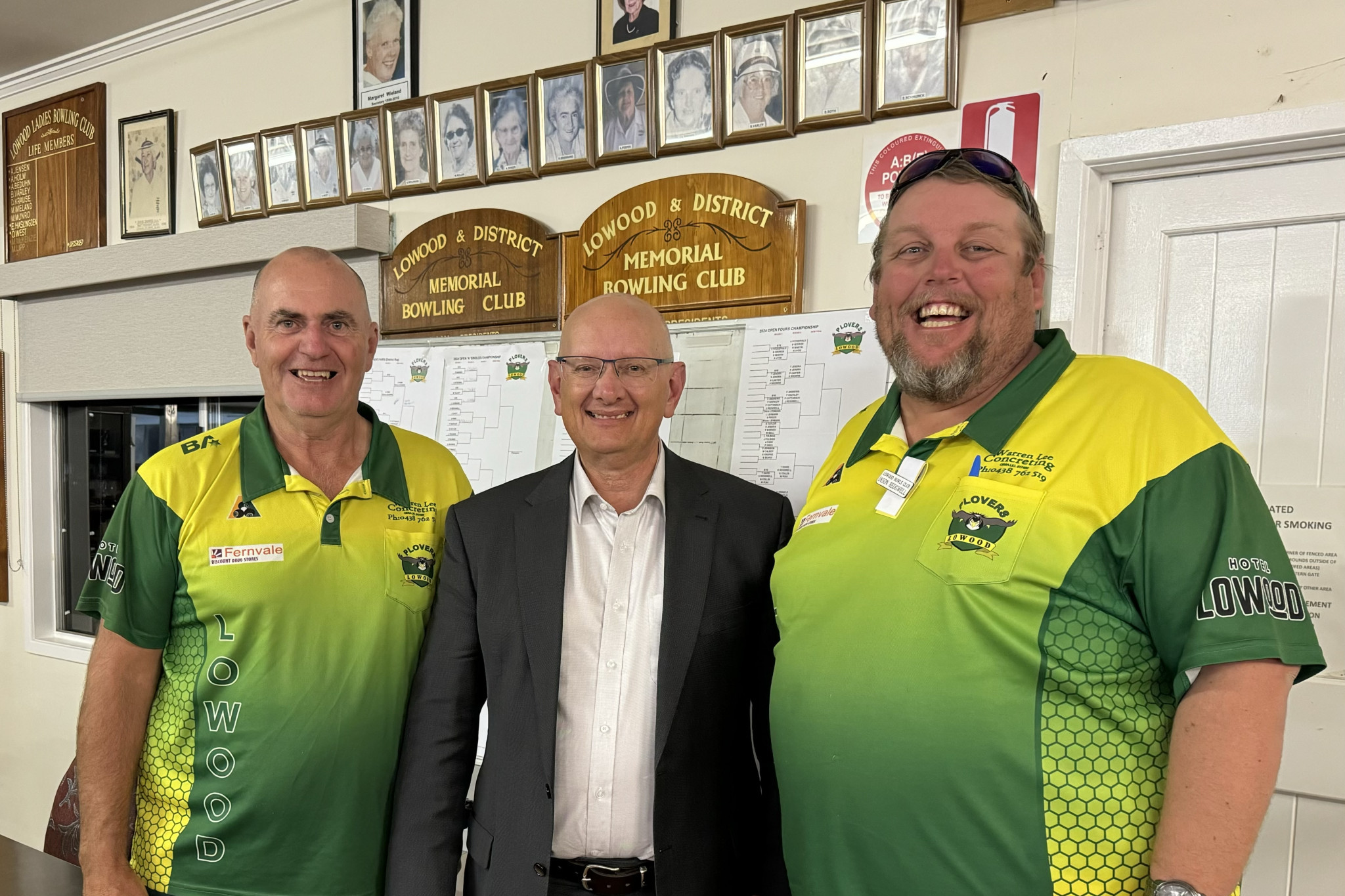 Shayne Neumann MP with Lowood Bowls Club President Pete Cattanach (left) and Club Secretary Jason Redgwell.