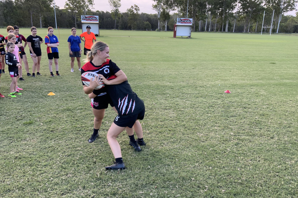 Save a try/score a try was part of a ‘girls only’ rugby league clinic at Woodford.