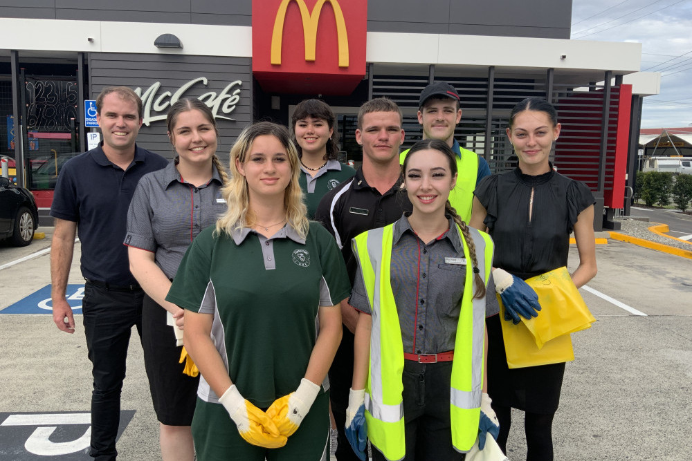 Cameron Binet (McDonald’s Caboolture City general manager), Chloe Forrester, Imola Williams, Eboni Matsui, Ryan Carroll, Letori Chagas, Mitchell Robertson and Rachael Lawson took part in a recent clean-up event in Caboolture.