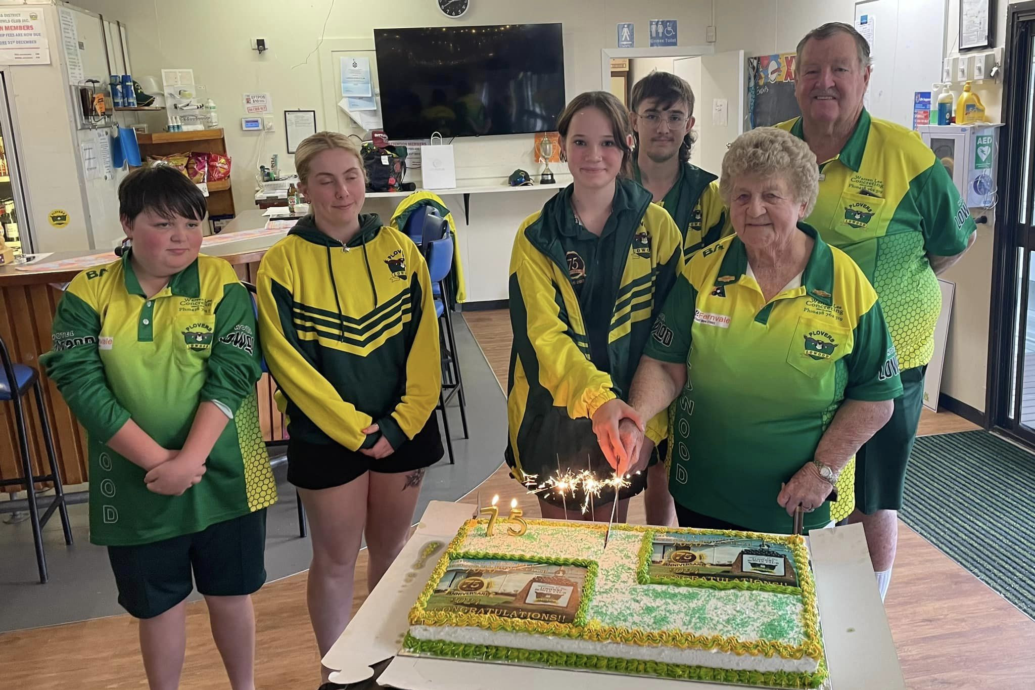 Cake cutting with club patron and patroness, junior members and U25 QLD representative player. Photo: Facebook