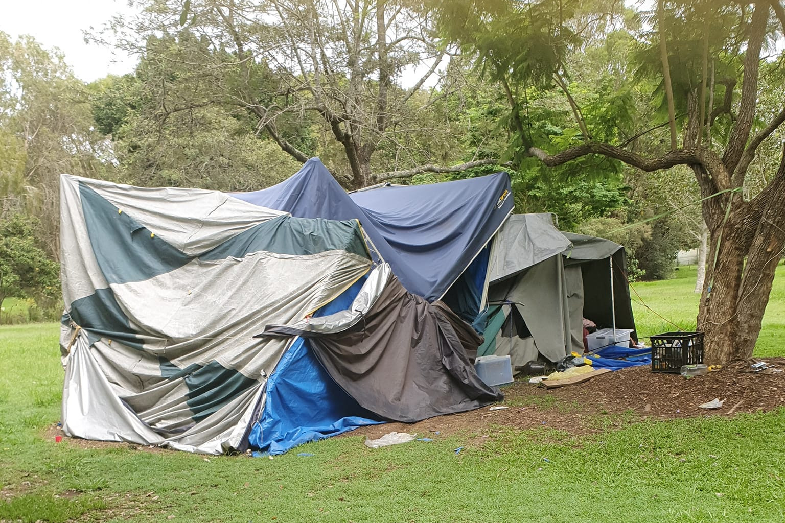 Homeless tent set up at Centenary Lakes Park, Caboolture