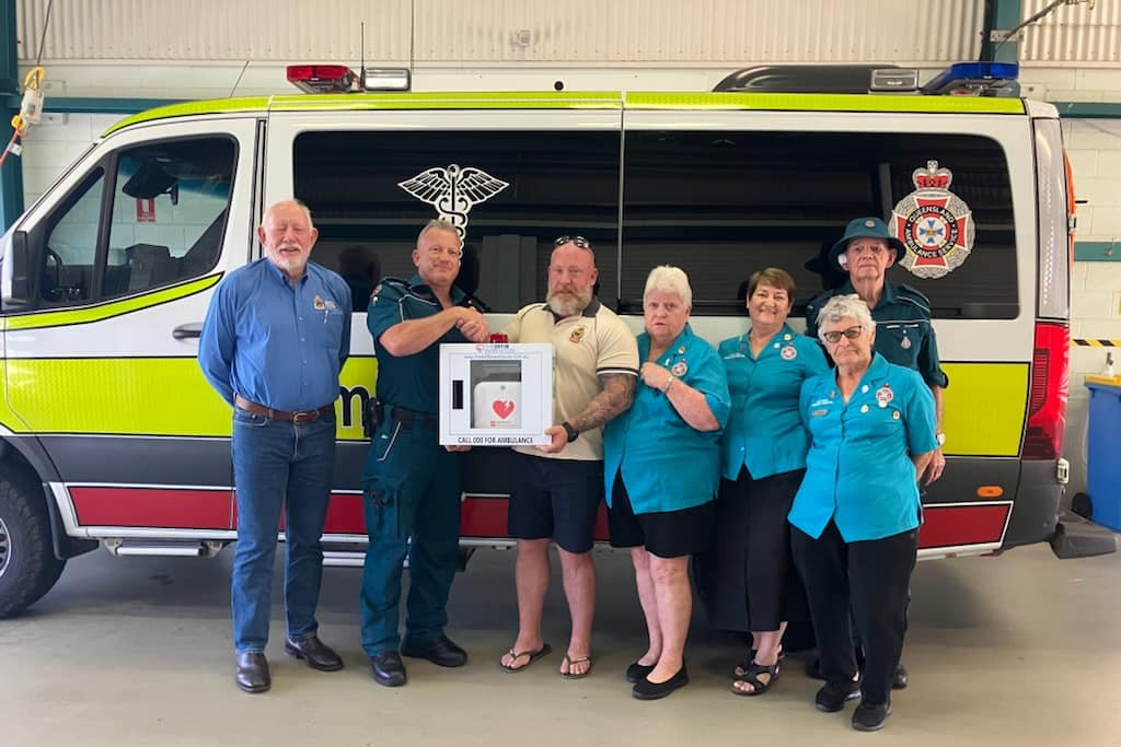 Left to right - John Robinson (RSL), Jock Ruthven (Advanced Care Paramedic), Andrew Hoare (Kilcoy RSL Vice President), Pat Bleakley (President Kilcoy Local Ambulance Committee), Audrey Colby (Treasurer Kilcoy Local Ambulance Committee), Elly Baker and First Responder David Sargent.