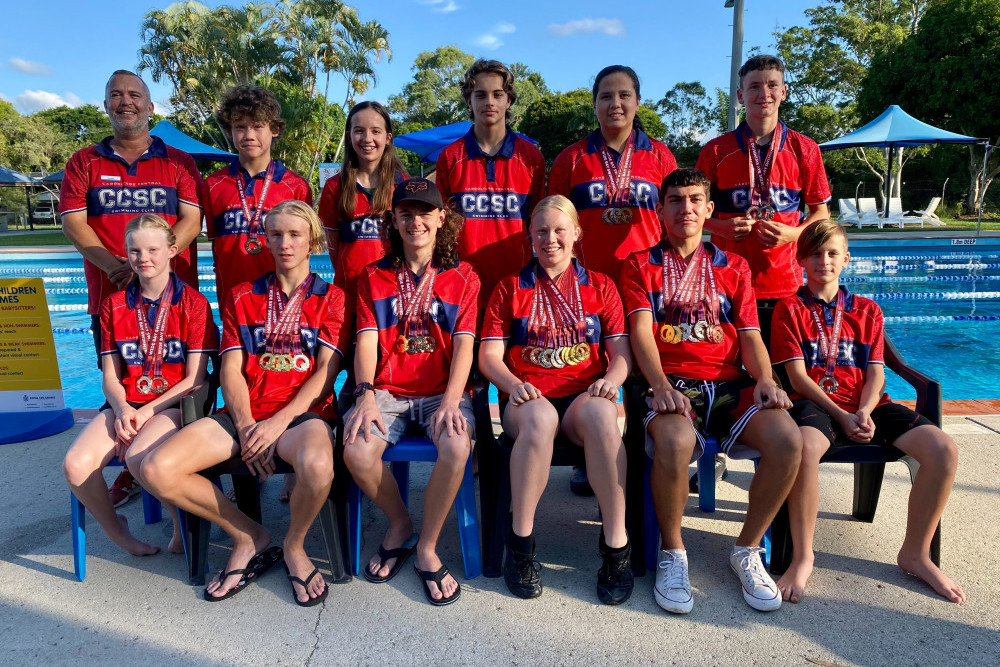 Caboolture swimmers who took part at Bundaberg. Back row: James Paterson (coach), Cameron Carter, Ava Lamb, Daniel Donaldson, Iliya Gale, Josh Comer. Front: Mabel Shields, Hunter McKenzie, Lachlan Kennedy, Tyla Paterson, Freeman Gale, Tyson Bell. Absent: Aaliyah Smith, Kyla Smith, Curtis Carter, Amelia Adam.