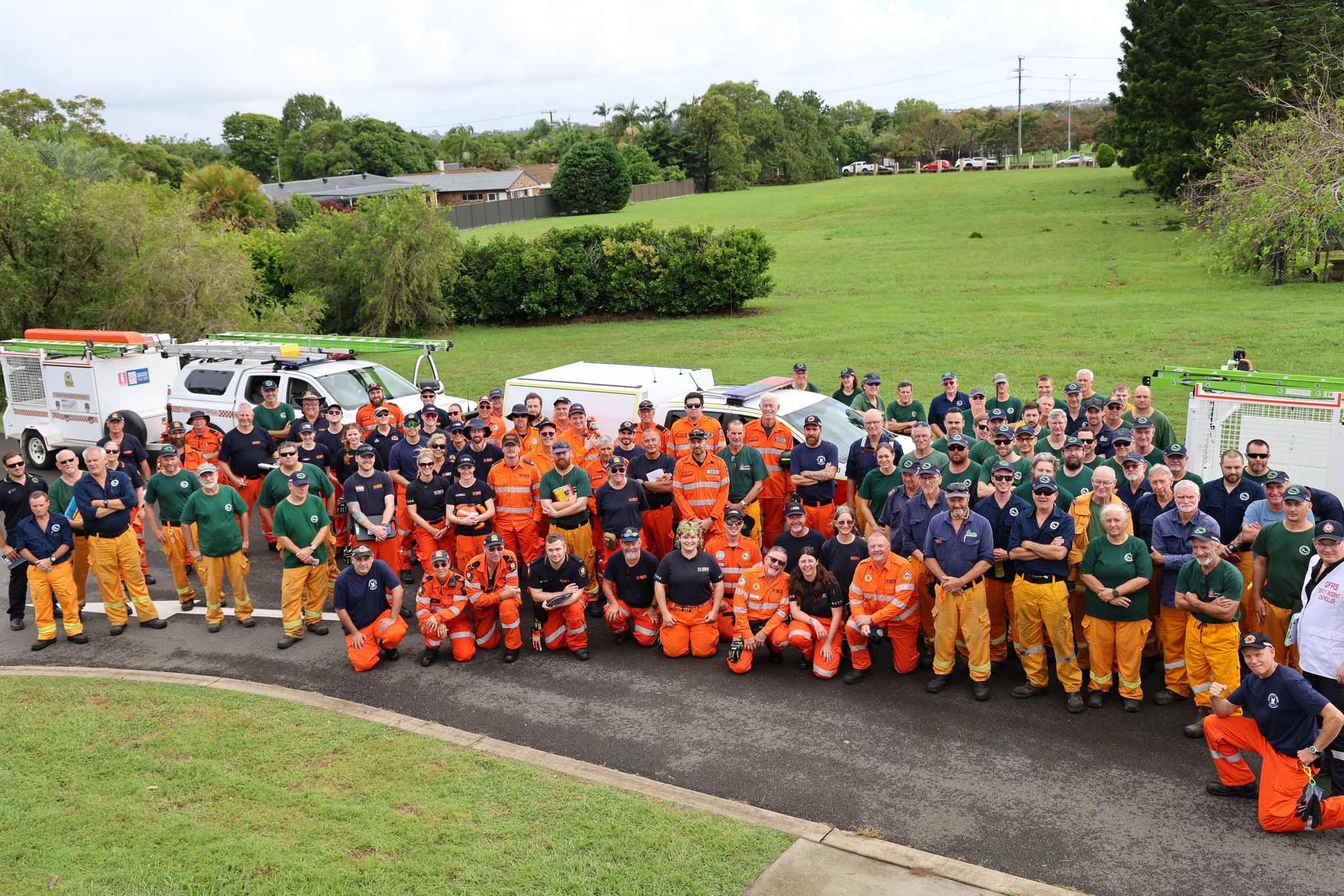 Combined services in Moreton Bay working together following Tropical Cyclone Alfred. Photo: State Emergency Service - Brisbane Region. On the right - Arana Hills SES with Clear Mountain Rural Fire Brigade. Photo: Arana Hills SES.