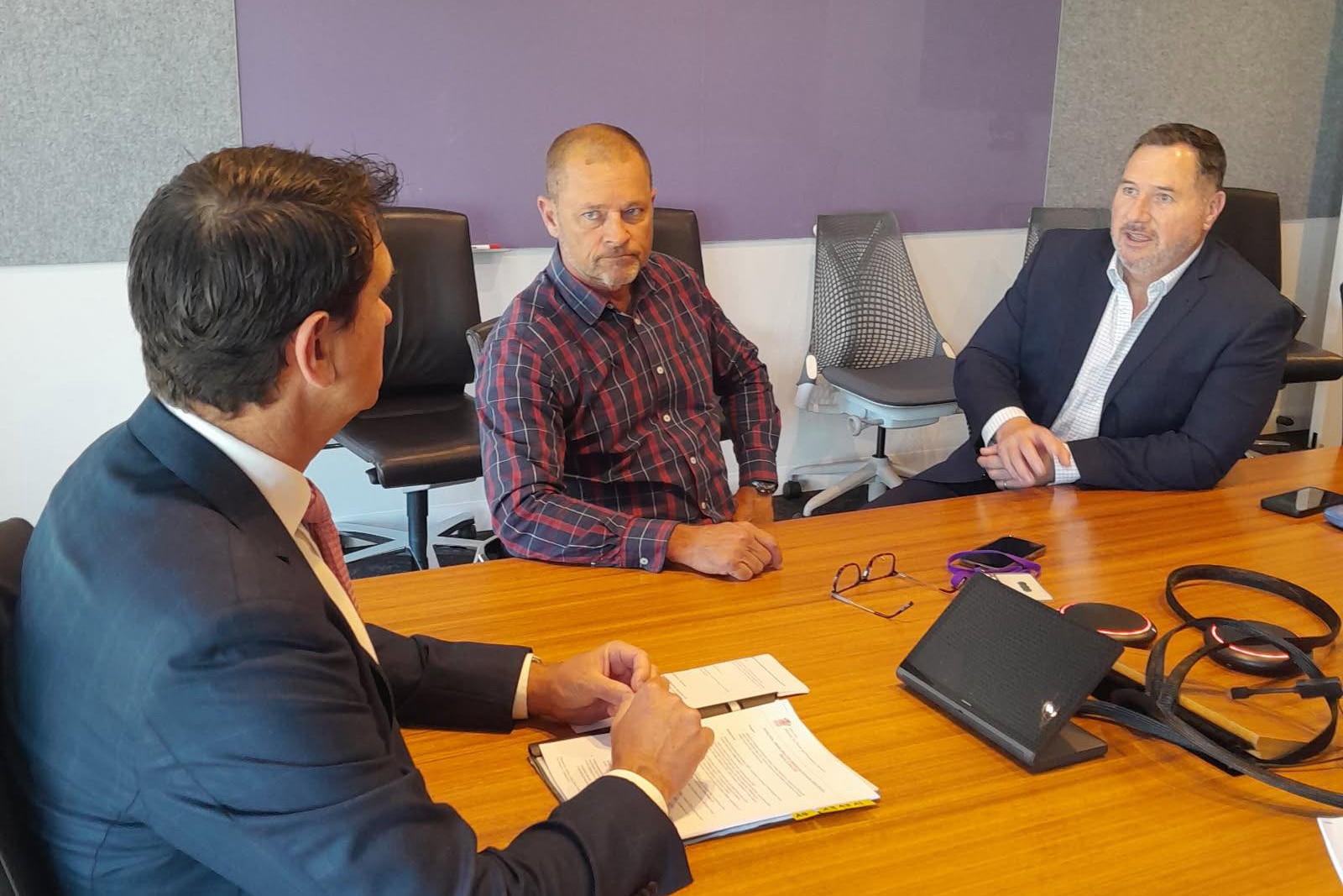 Cr Adam Hain meeting with Andrew Powell MP and Dan Purdie MP on May 1. Photo: Facebook/Adam Hain.