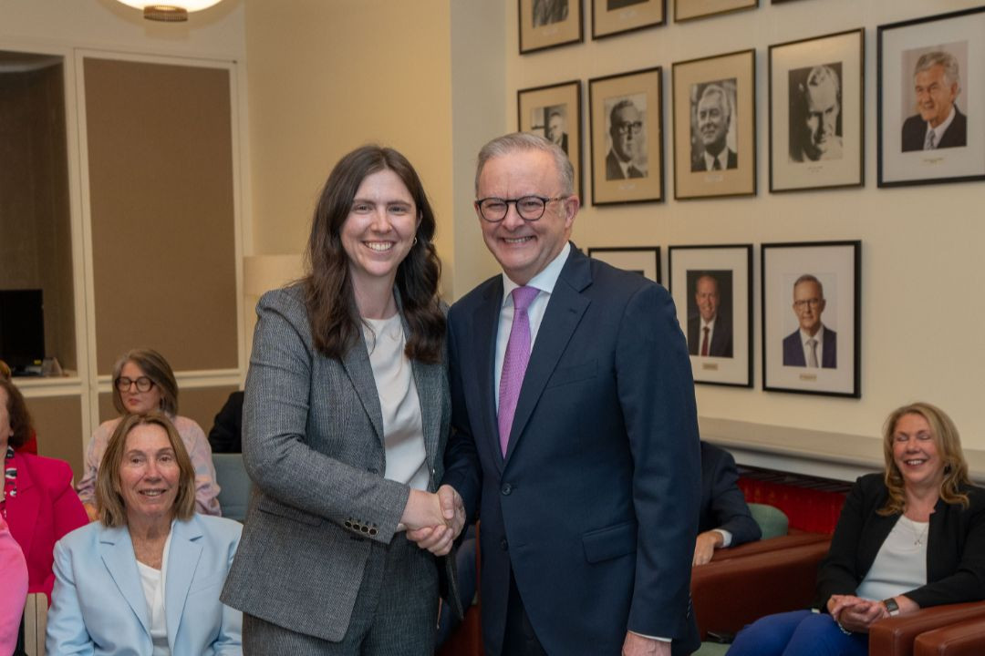 Newly elected Member for Petrie, Emma Comer, in Canberra with Prime Minister Anthony Albanese. Photo: Facebook/Emma Comer.
