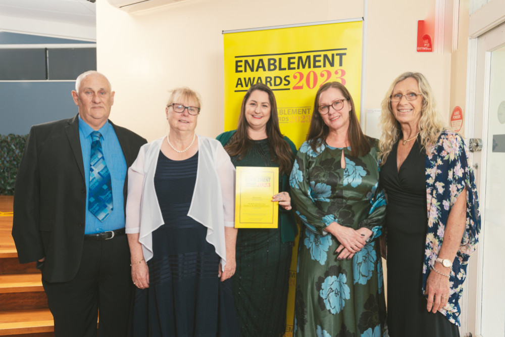 Able Retreats quintet Ross Trudgett, Pauline Trudgett, Rochelle Loveridge, Marieke McArthur and Jan Colman at last Friday’s Enablement Awards, as Able Retreats was named The Most Innovative Care Provider in the NDIS/Disability Sector in Australia in 2023.
