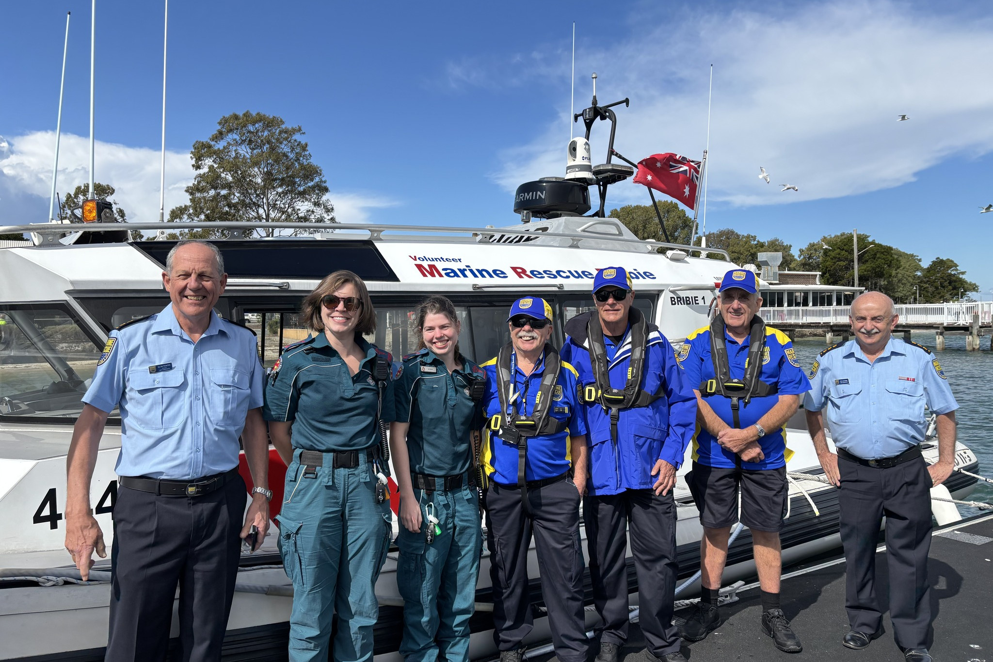 First activation as MRQ Bribie - Deputy Unit Commander Allan Tranter, Ambulance Off icers, Competent Crew Wayne Robinson, Crew Phil Hagen, Commercial Coxswain Ian Grimes, and Unit Commander Ces Luscombe. Photo: Facebook/ Marine Rescue Bribie Island 445.