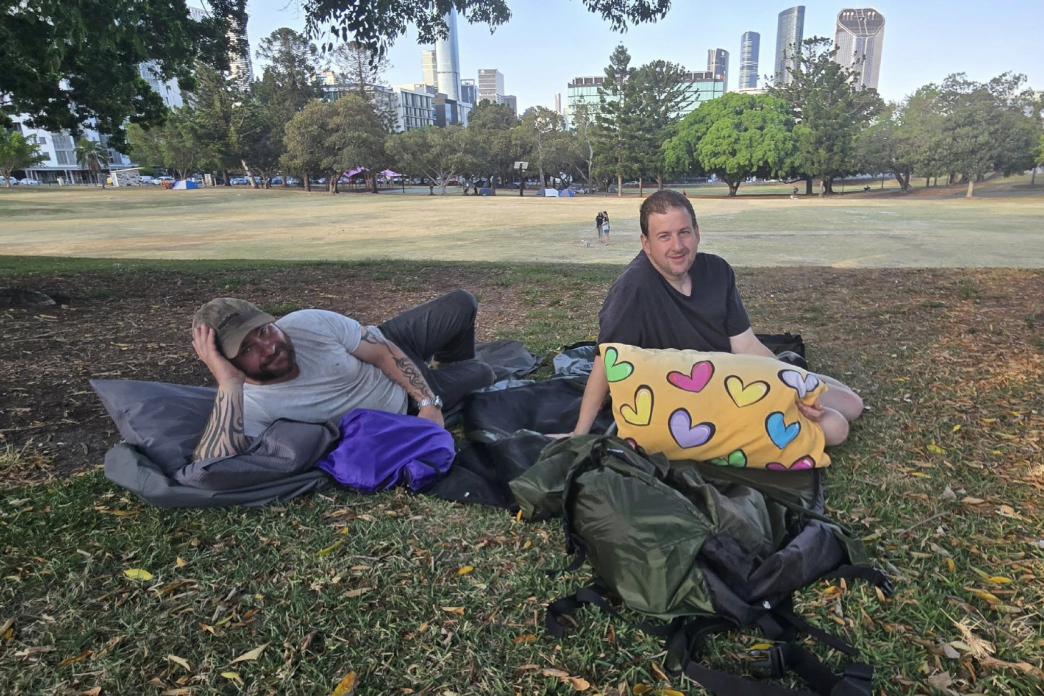 Beau Haywood and Paul Slater camping at the Brisbane CBD. Photos: Facebook/ Nourish Street Inc.