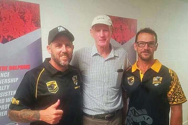 Caboolture Snakes junior rugby league executives Nate Findlay (left) and Adrian Scholtes (right) with Dolphins NRL coach Wayne Bennett at a recent meeting.