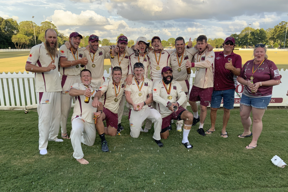 You little beauty! Caboolture’s Div 1 cricketers rejoice after their grand final triumph against Maroochydore.