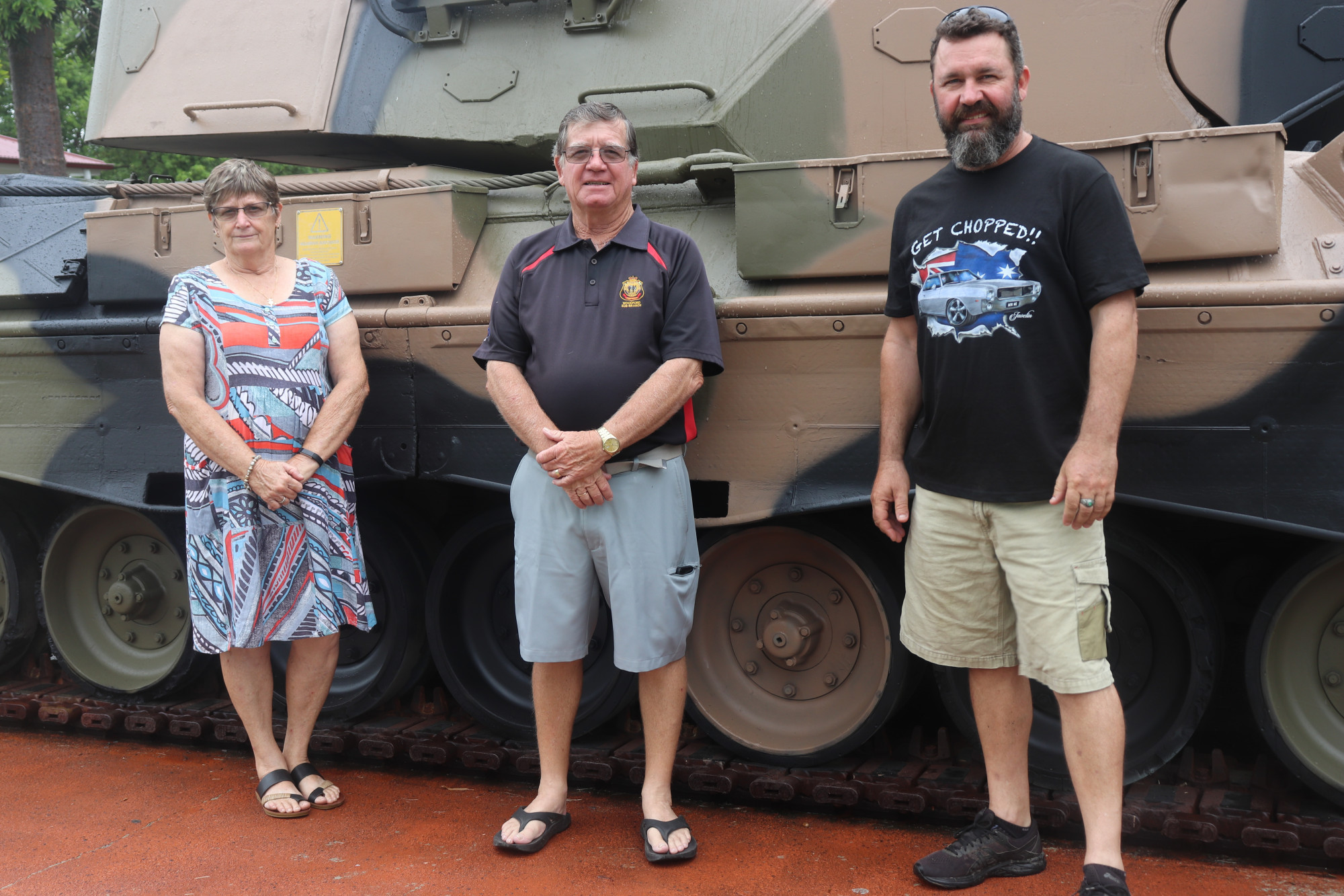 Photo: Woodford RSL tank receives a Get Chopped make-over Woodford RSL Sub Brach Secretary Lyn Whatley and President Graham Bleakley with Darren Cardiff from Get Chopped