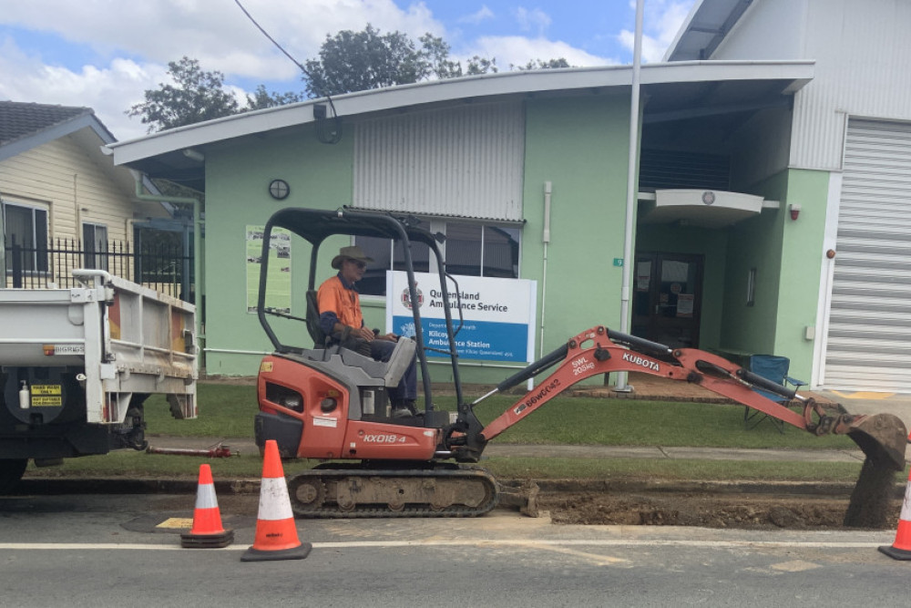 Excavator work being done outside the Kilcoy Ambulance Station, after a water pipe burst on Monday morning.