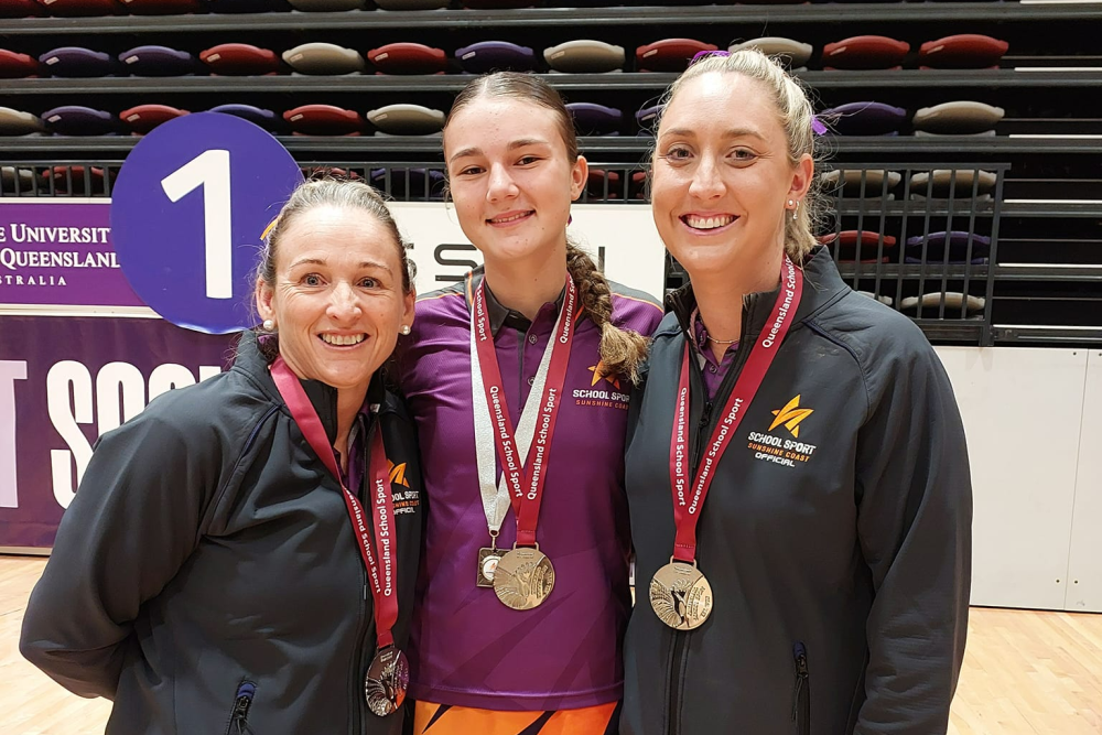 Morayfield State High School student and Sunshine Coast representative Lee Young (centre) won a coach’s award at the Queensland School Sport Netball Championships. She is pictured with Sunshine coach manager Carmel D’Arcy (left) and Jacqui Sanham (right).