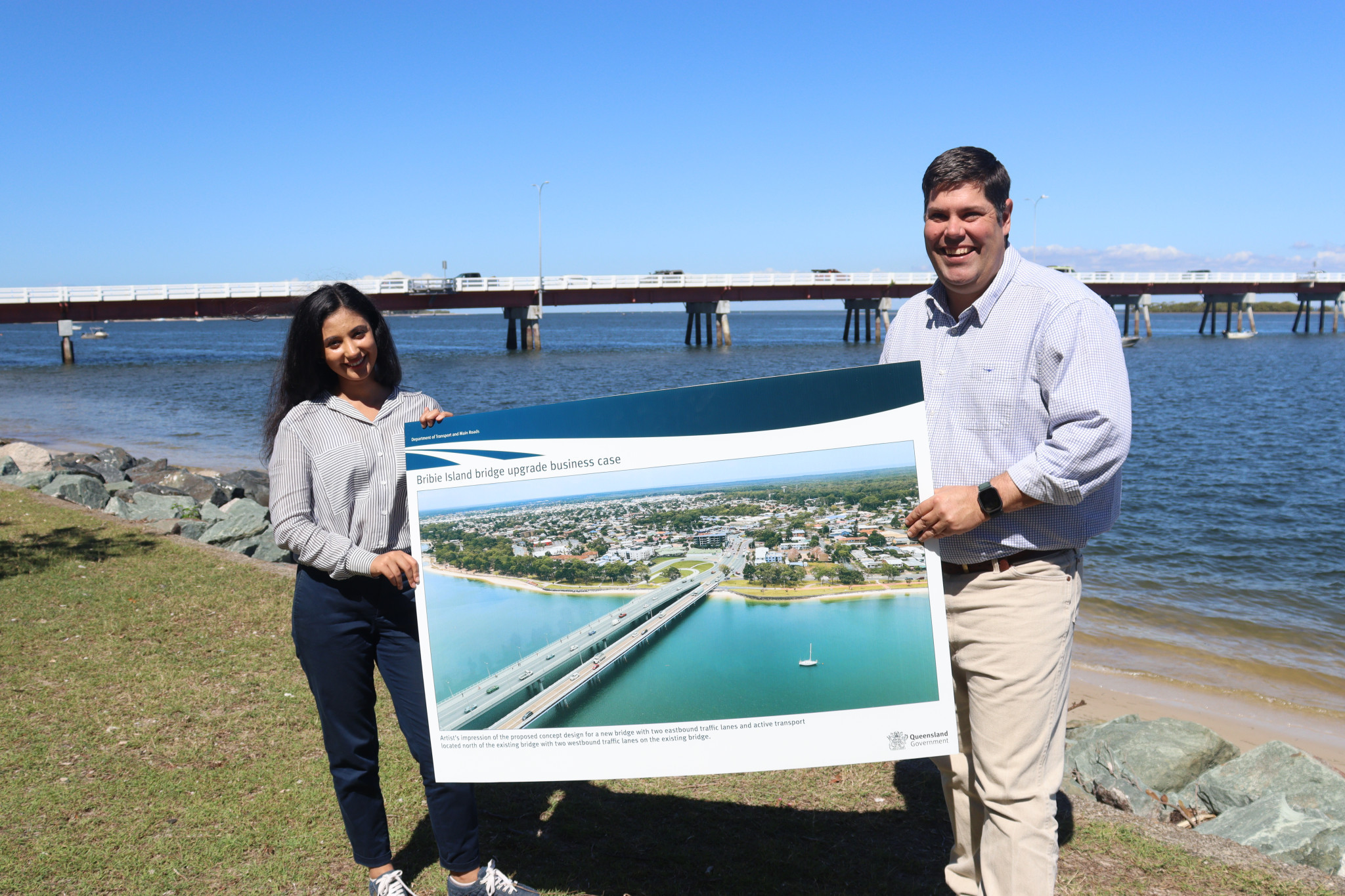 Minister for Transport and Main Roads Brent Mickelberg with Ariana Doolan MP at the Bribie Island Bridge.