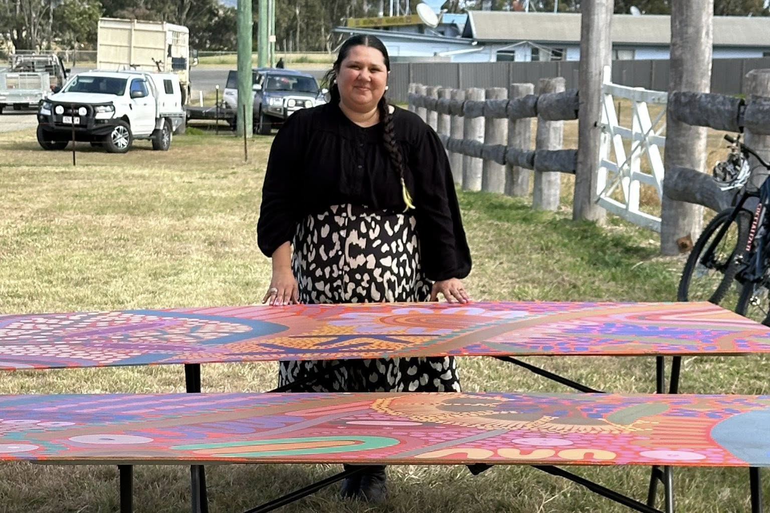 Artist jennifer Kent with her mural panels. Photo: Harlin State School.