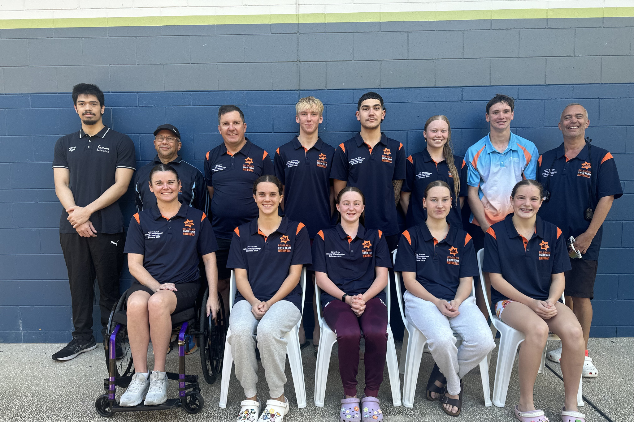 Back row L-R: Hector Langkilde (Jnr), Asst Coach Deon, Niel (MC support), Hunter McKenzie, Freeman Gale, Tyla Paterson, Joshua Comer, Head Coach James. Front row L-R: Brooke Cotter, Grace Geitz, Larni Davis, Grace Worrall and Evie Grant.