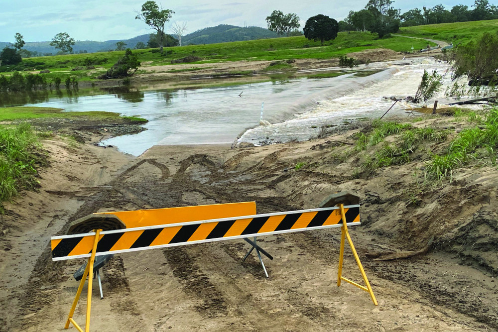 The Scrub Creek Rd causeway that failed on May 25. Temporary repairs are being monitored, but the future of the causeway, and the creation of an alternative exit is unclear.