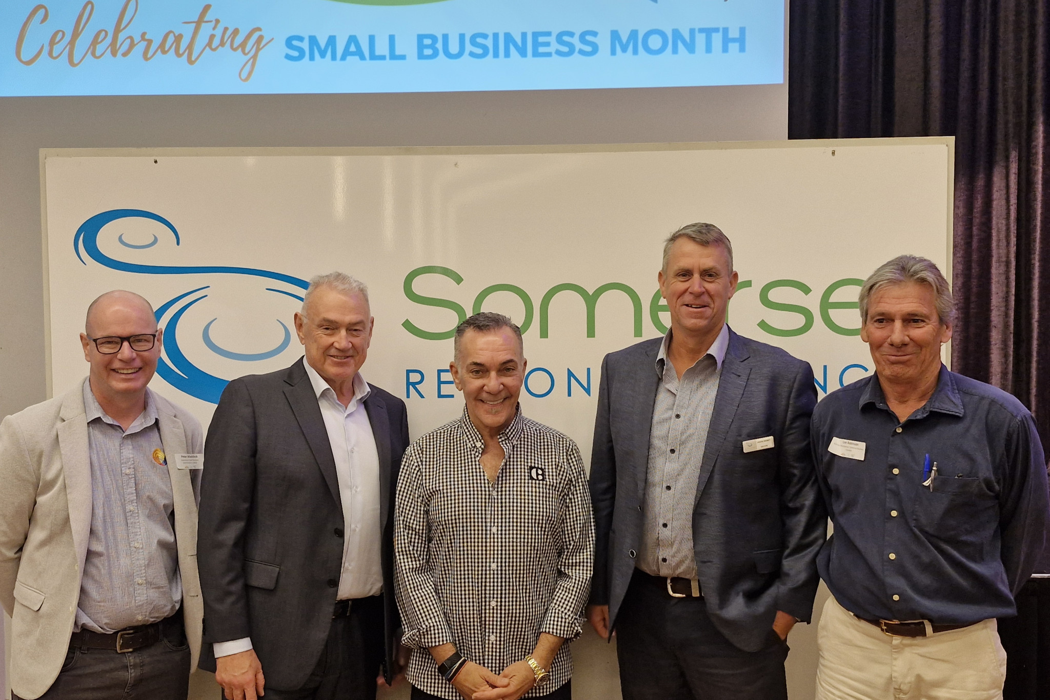 Small Business Commissioners representative Peter Maddock, Southern Queensland Country Tourism CEO Peter Homan, Founder of the Tourism CEO Peter Homan, Founder of the Coffee Club, John Lazarou, Somerset Mayor Jason Wendt, and Lee Robinson from the Somerset Business Chamber.