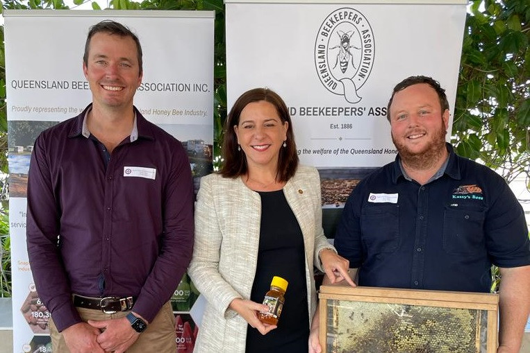 Member for Nanango, Deb Frecklington with local South Burnett beekeepers during their visit to Qld Parliament House, Brad Jensen (left) and Chris Kassebaum.