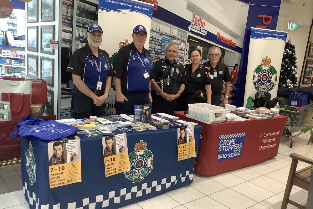 Volunteers in policing Greg and Chris, Senior Police Liaison Officer Uncle Michael Douglas, Senior Constable Danielle Grauf and Crime Stoppers representative Ken were at Caboolture Square between 10am and 12pm on November 23 to chat with locals over coffee. Photo courtesy of Danielle Grauf.