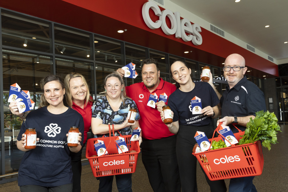 Isabella Zaini, Bec Hull, Emma Thomson, Anthony Hauser, Hannah Friend and Mick Dwane at the fundraising launch event at Coles Caboolture Big Fish.