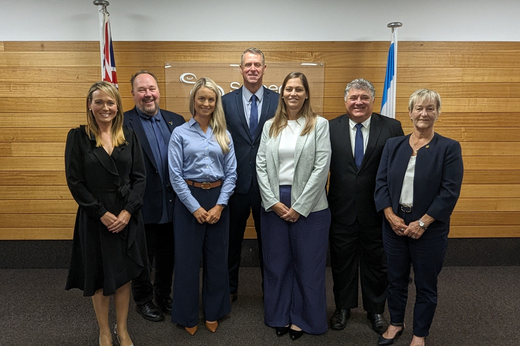 The new Somerset Council: Mayor Jason Wendt (middle); Councillors (left to right): Kylee Isidro, Michael Bishop, Michael Bishop, Tiara Hurley, Sally Jess, Brett Freese, Helen Brieschke.