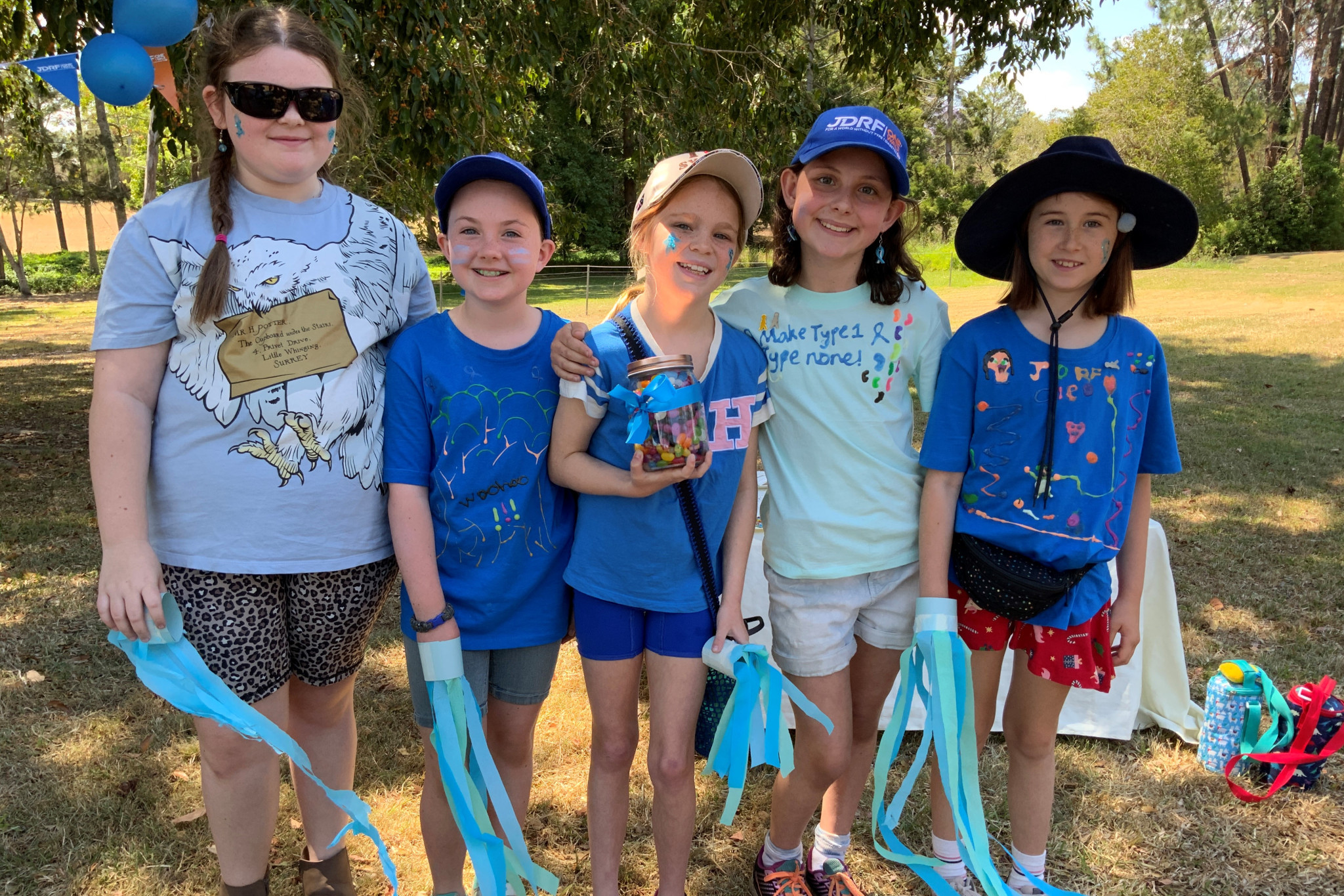 Quin Michaels, Imogen Collins, Arlo Michaels, Charlotte Collins and Cleo Reynolds at the diabetes-related fundraiser in Woodford, organised by Charlotte.