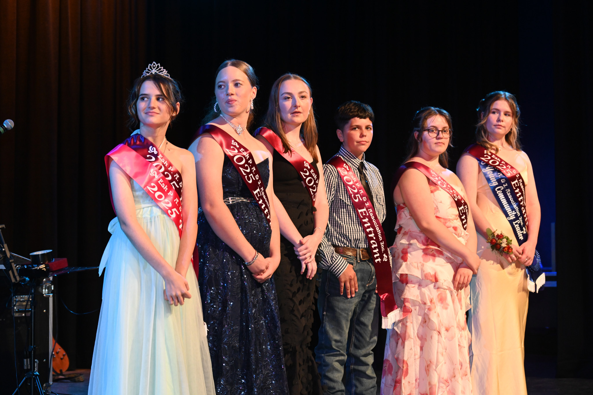 All 2025 Esk Showgirl and Rural Ambassador contestants and winners (L-R): 2025 Princess Nikita Brown, Isabella Harley, 2025 Showgirl Taleah Pearson, Azavier Chaplin, Jorja Limmer, and 2025 Young Community Leader Tayla Porter.