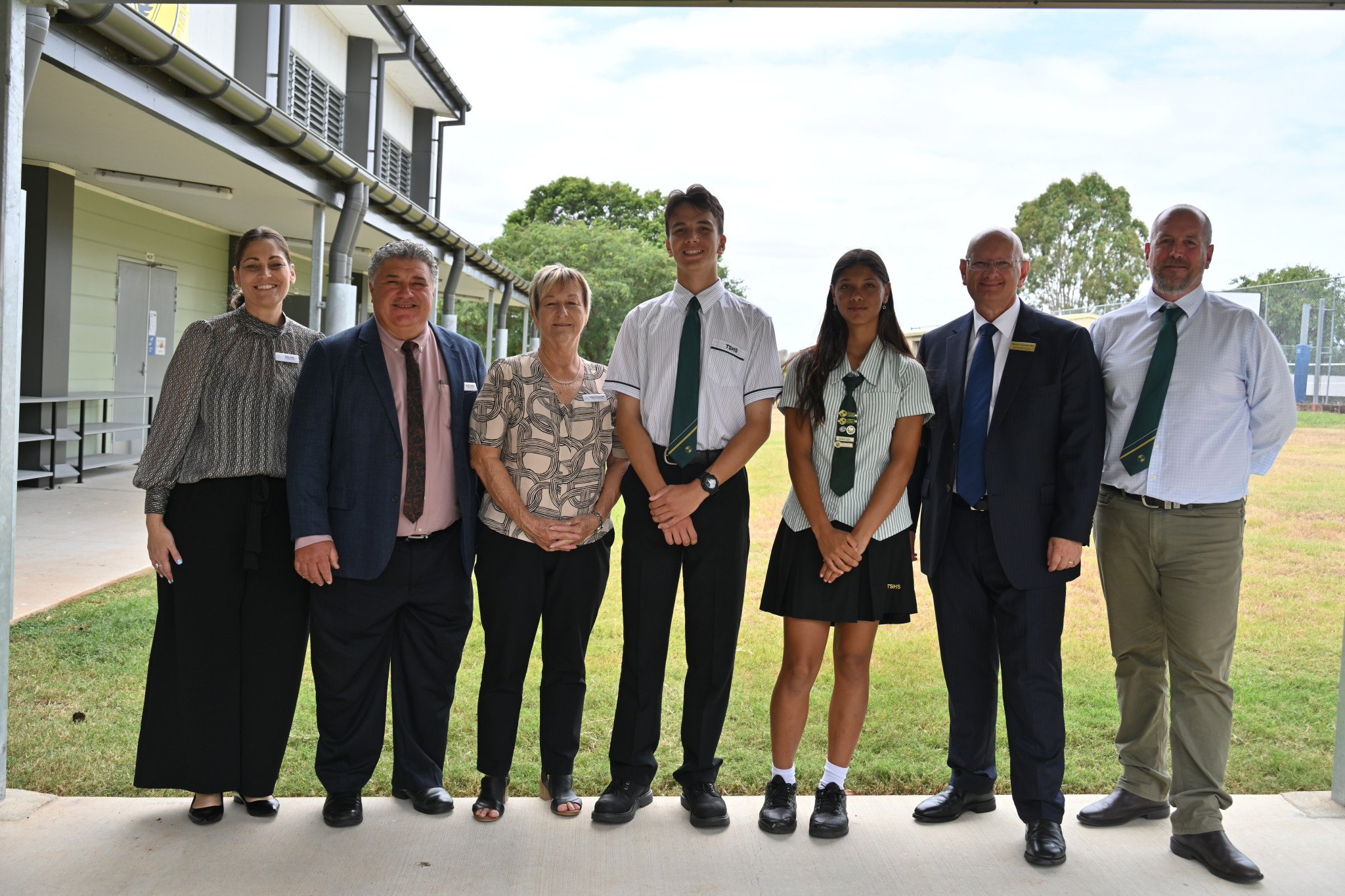 Toogoolawah SHS School Captains, Hunter Masters-Woods and Eloise Alderson (centre), with Somertset councillors Sally Jess, Brett Freese and Helen Brieschke (left ), Shayne Neumann MP (right) and principal Ross Jardine (far right).