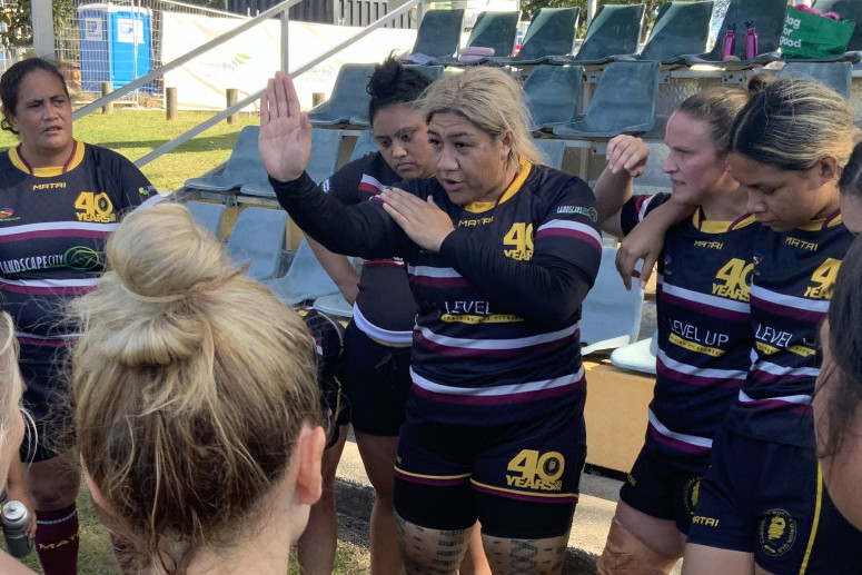 Olivia Fidow addresses her Caboolture Snakes teammates during a game of rugby union this year. Fidow will represent Queensland Country in women’s rugby union.
