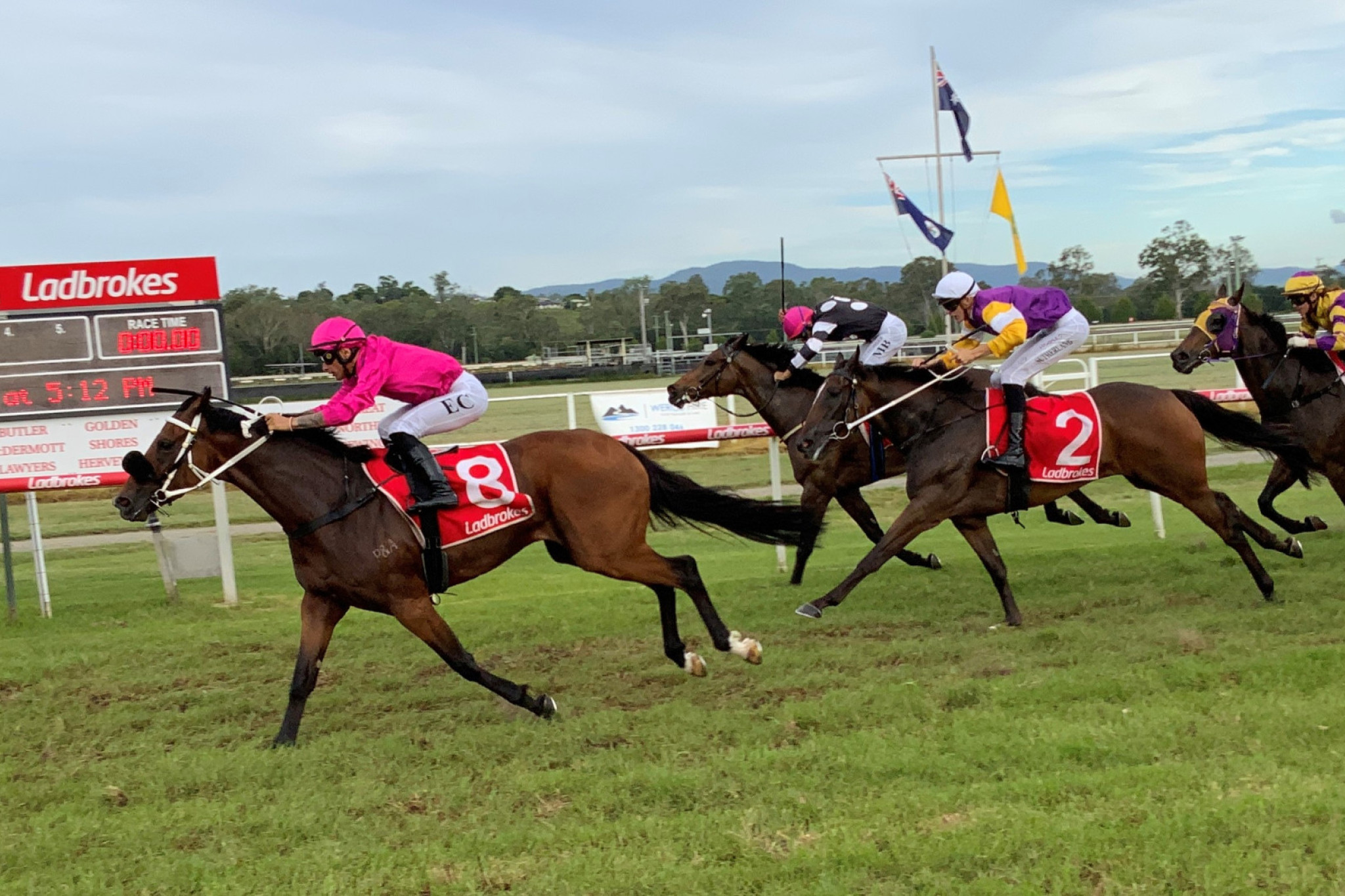 Elione Chaves rides Constant Cafe to victory in the eighth race at Kilcoy. It was one of two victories for Chaves, along with trainer Paula Barron.