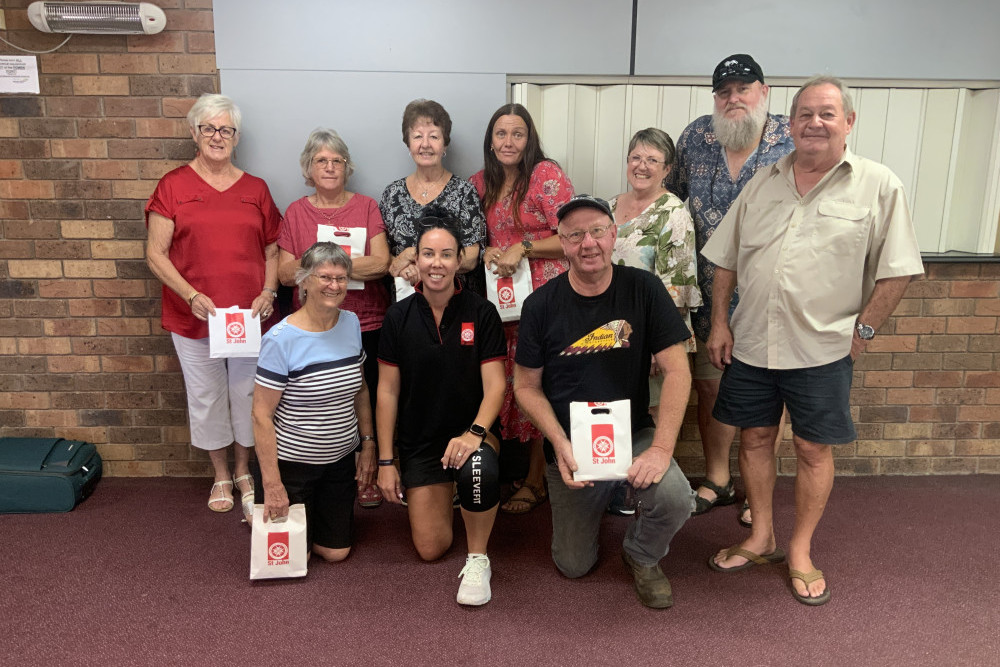 Raewyn McGowan, Jennifer Wilkins, Sue Park, Lorraine McSweeney, Jo Cooper, Max Cooper, Peter Golding (back); Merle Davis, Kimberley Lennon and Geoff Duncan (front) at the Woodford Memorial Hall for a session on first aid.