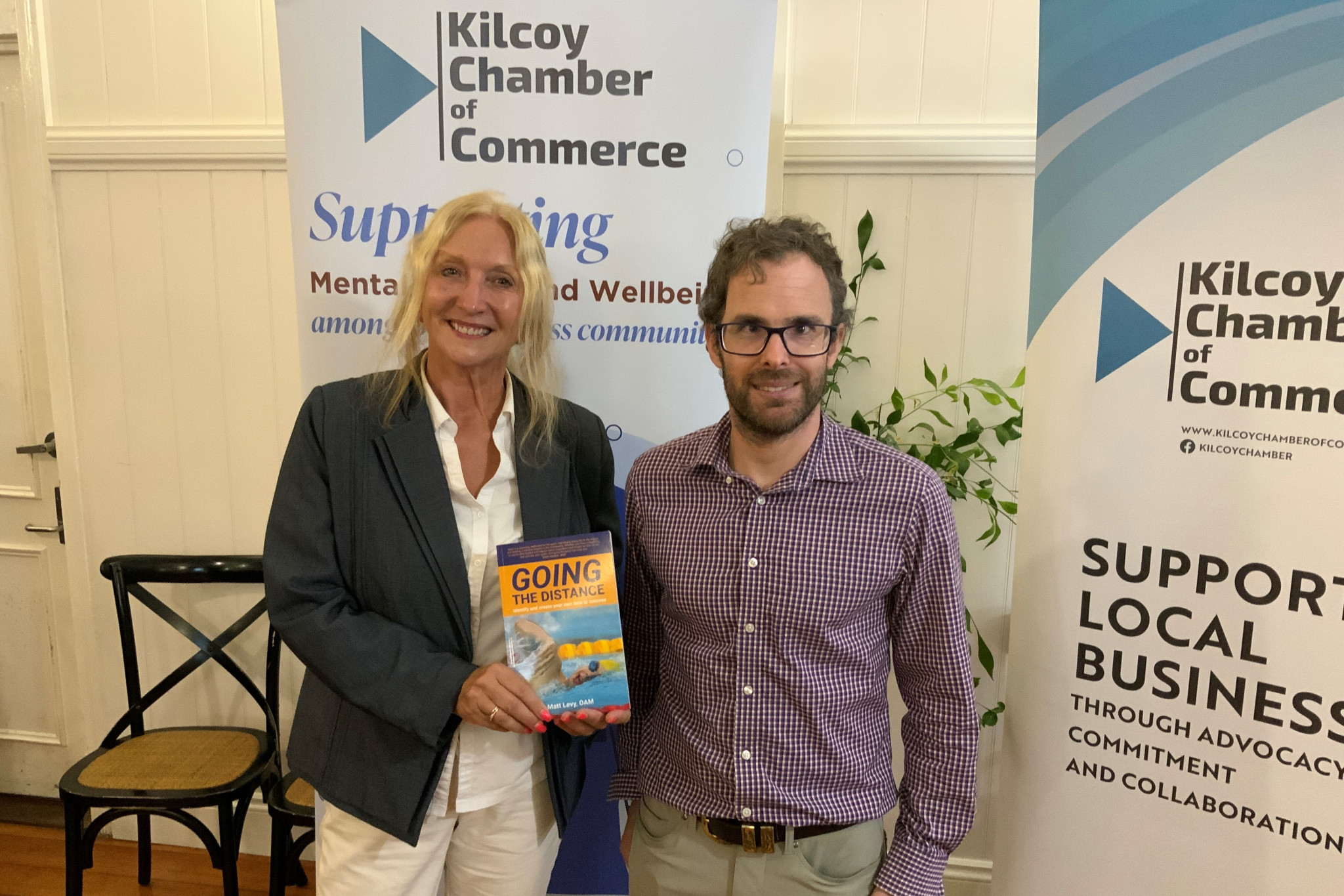 Guest speaker Matt Levy (right) with event sponsor Jayne McKenzie, at last week’s Kilcoy Chamber of Commerce event at the Exchange Hotel.