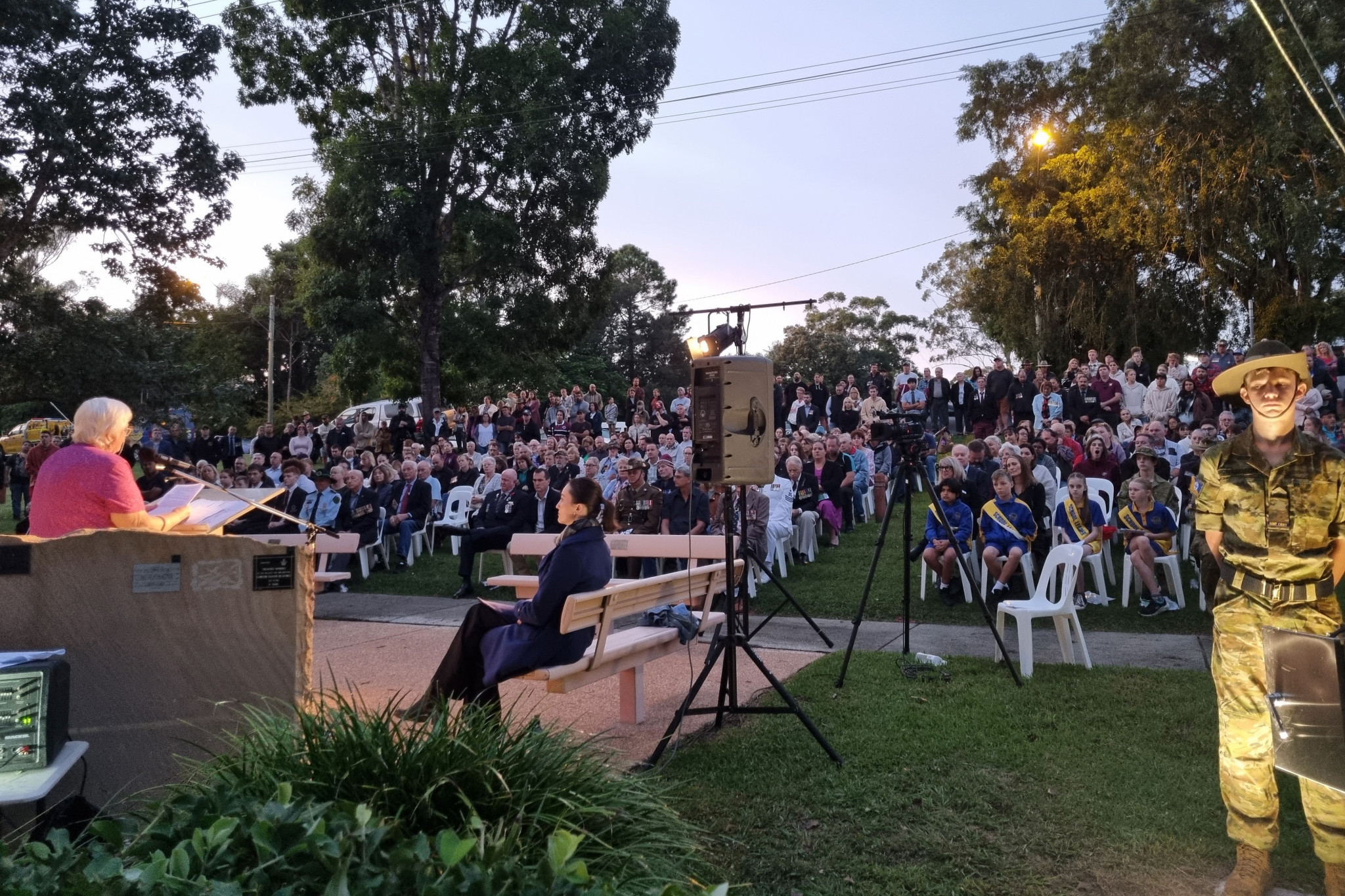 Hilary Berger talks to the gathering at Wamuran on ANZAC Day.